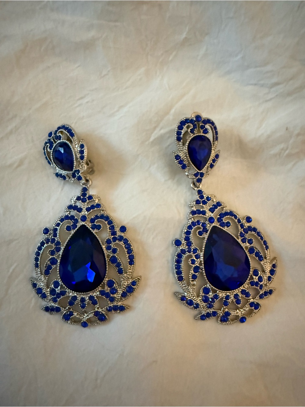 Silver-Tone Royal Blue Teardrop Statement Earrings - Women Jewelry